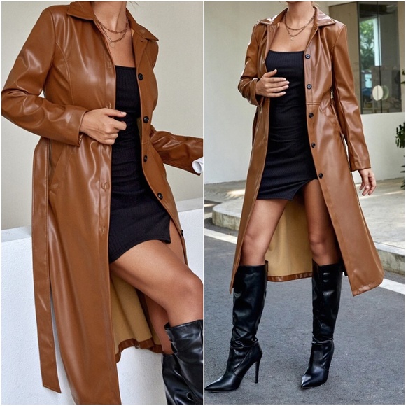 BellanBlue Jackets & Blazers - Luxe Brown Vegan Leather Trench Coat